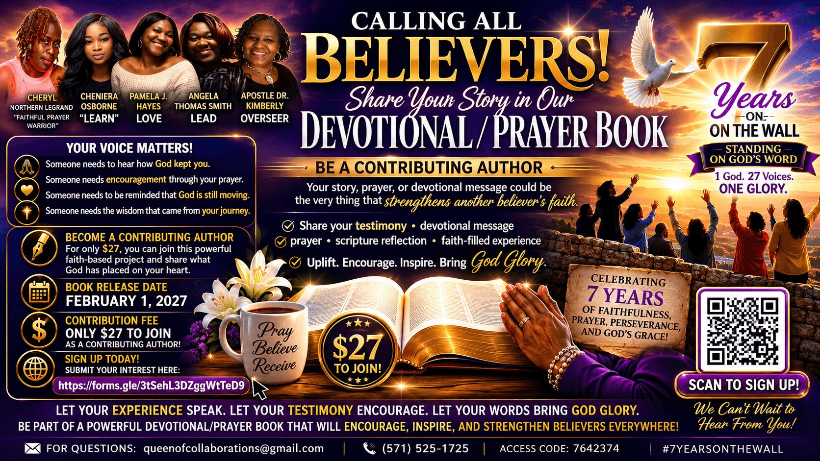 Group of women holding a book with text about a devotional prayer book and a QR code, February 1, 2023.