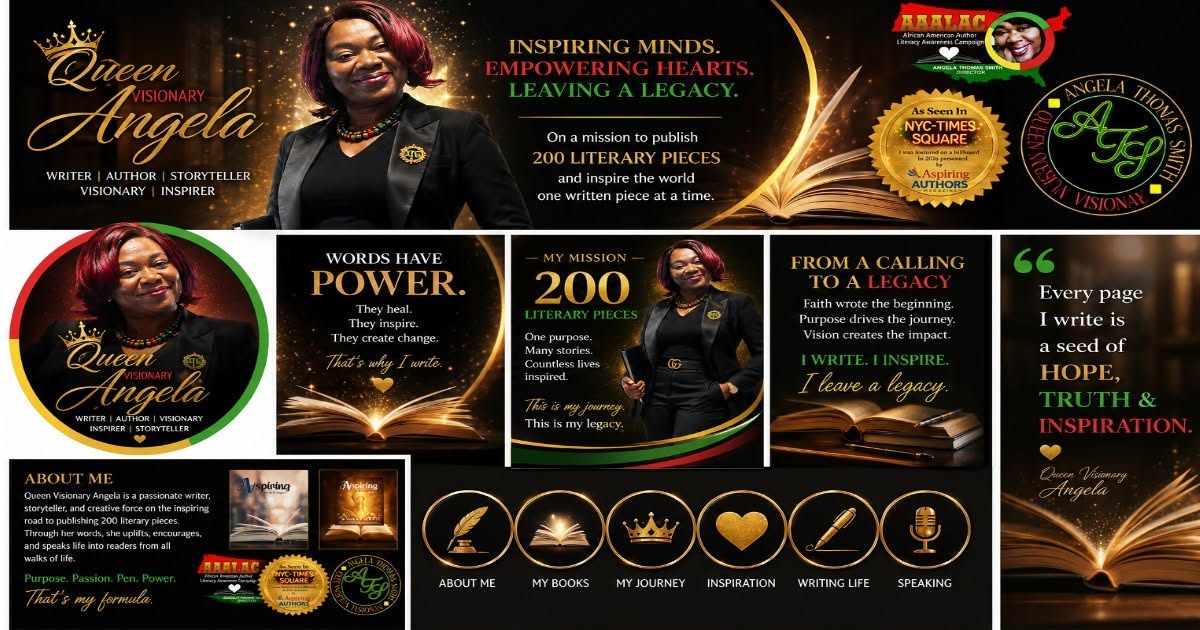 Collage of book covers and promotional images featuring Queen Angela, with inspirational quotes and titles about empowerment and hope.