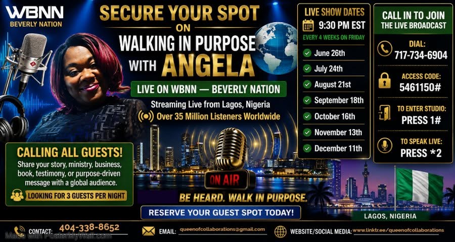 Promotional banner for Angela's live radio show on WBNN, Nigeria, with event dates and contact info, colorful design.