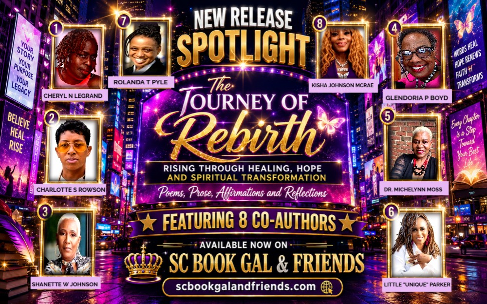 Promotional poster for 'The Journey of Rebirth' book featuring eight co-authors, with images of people and event details.