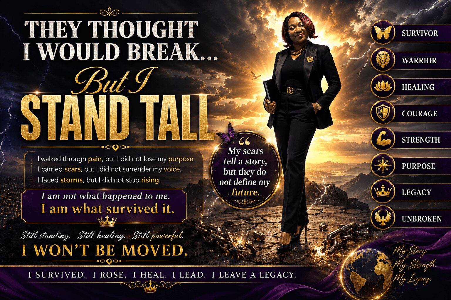 Woman in a suit walking confidently with a sunset background, surrounded by inspirational quotes and icons, including a globe.