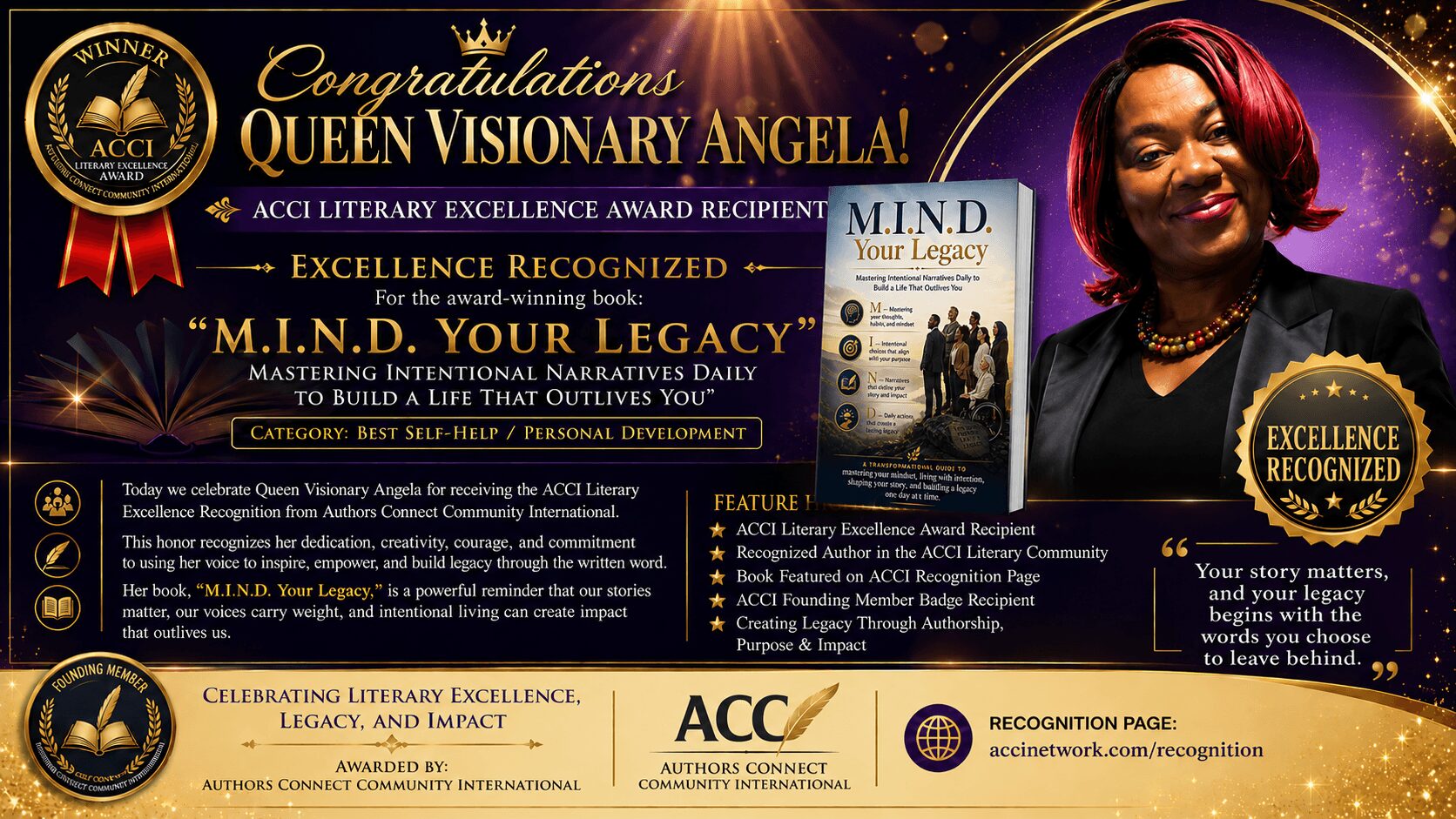 Award certificate with a woman, text about Queen Visionary Angela, and logos, celebrating her legacy and achievements.
