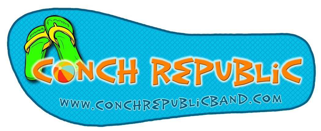 Conch Republic logo with a green conch shell and orange text on a blue background.