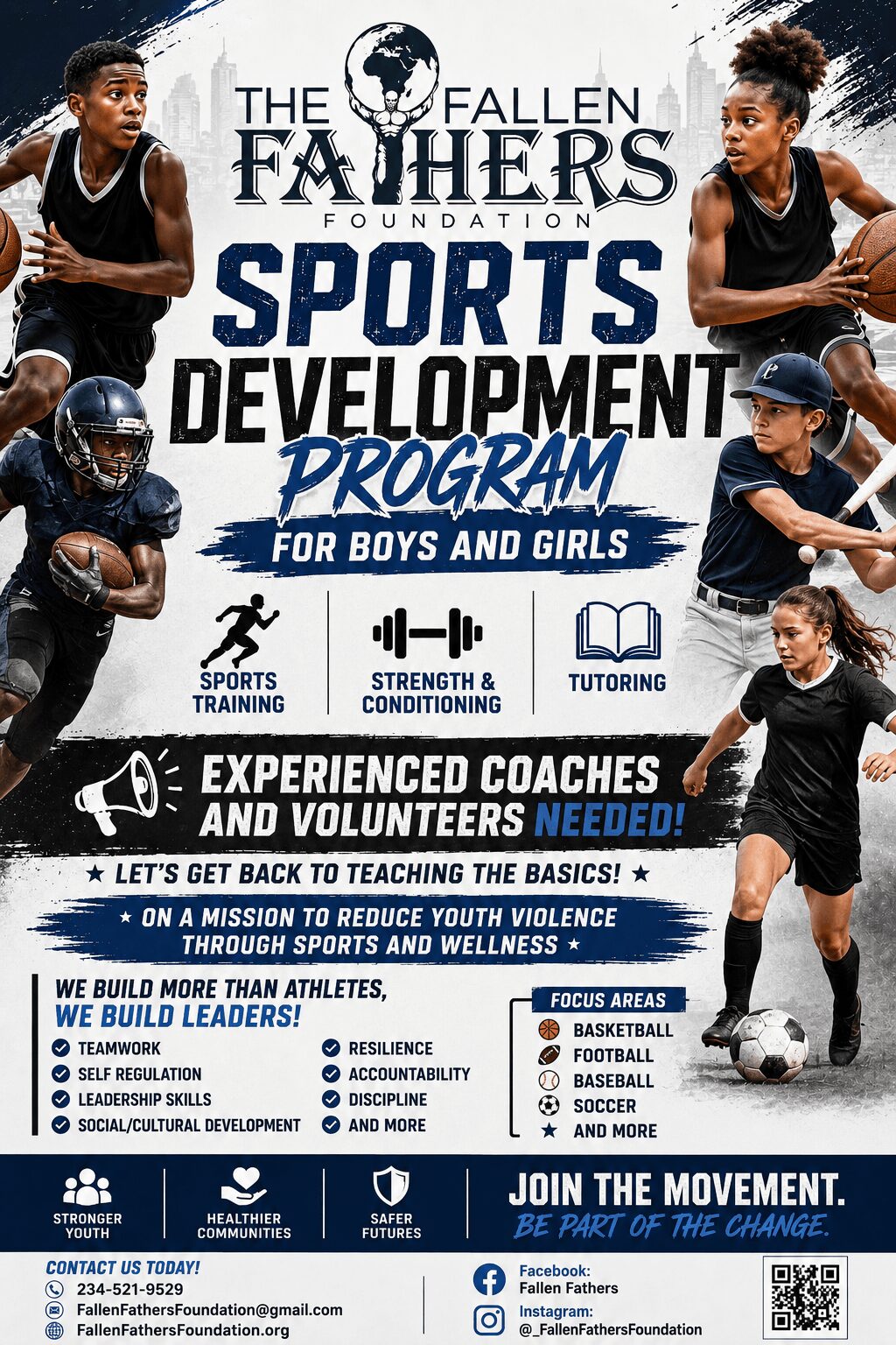 Poster promoting sports development program for boys and girls, featuring young athletes, training, and coaching activities.