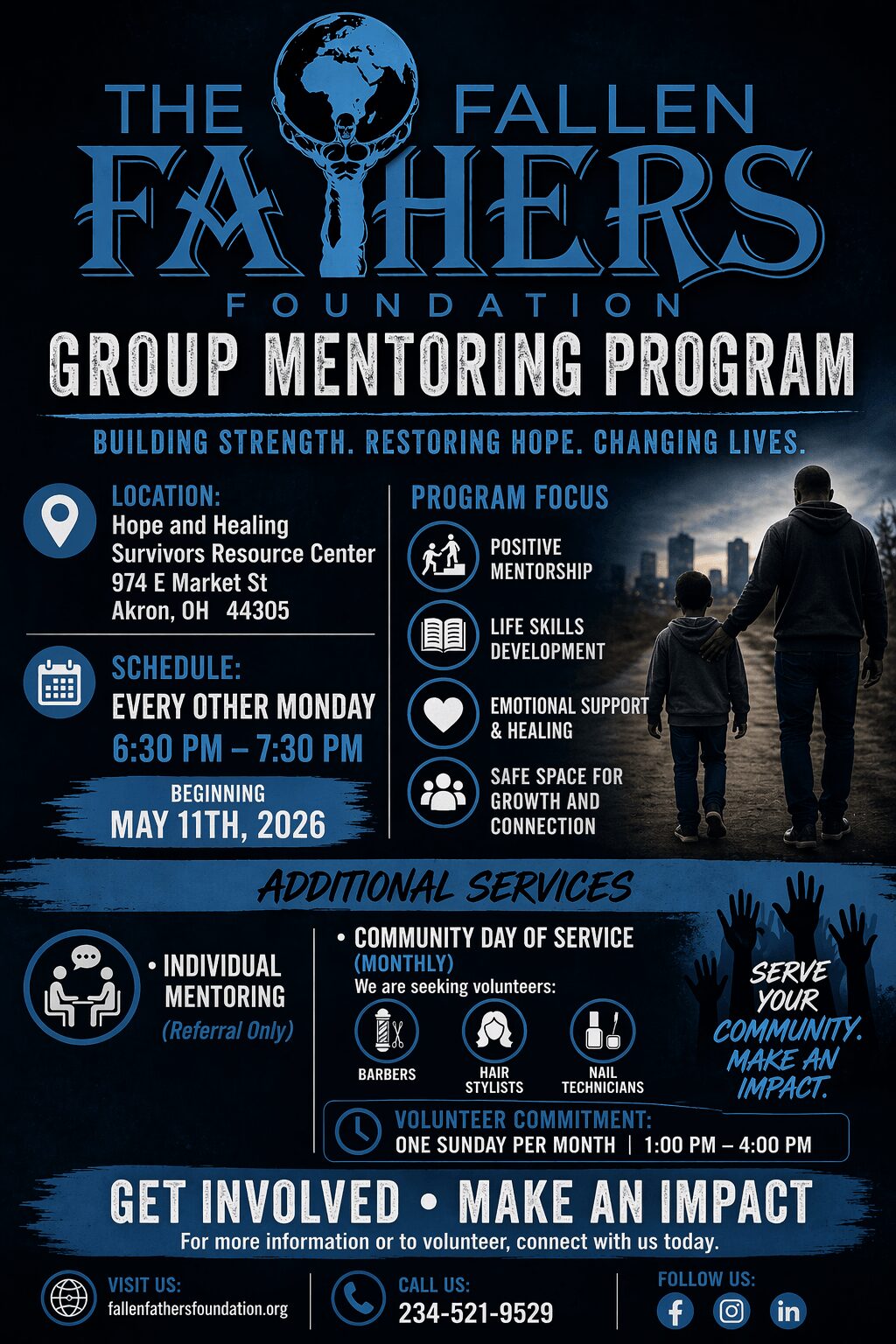 Poster for The Fallen Fathers Foundation group mentoring program, with details on schedule, location, and services offered.