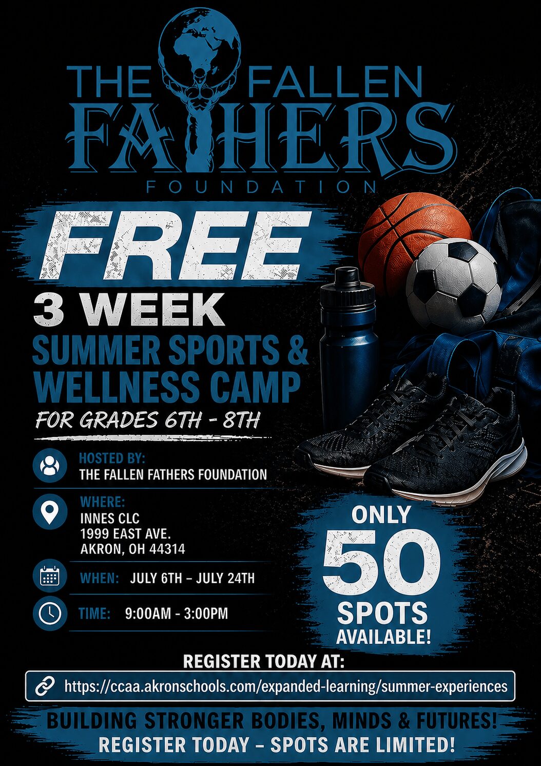 Advertisement for a summer sports and wellness camp with sports equipment, text about free three-week camp, and registration details.
