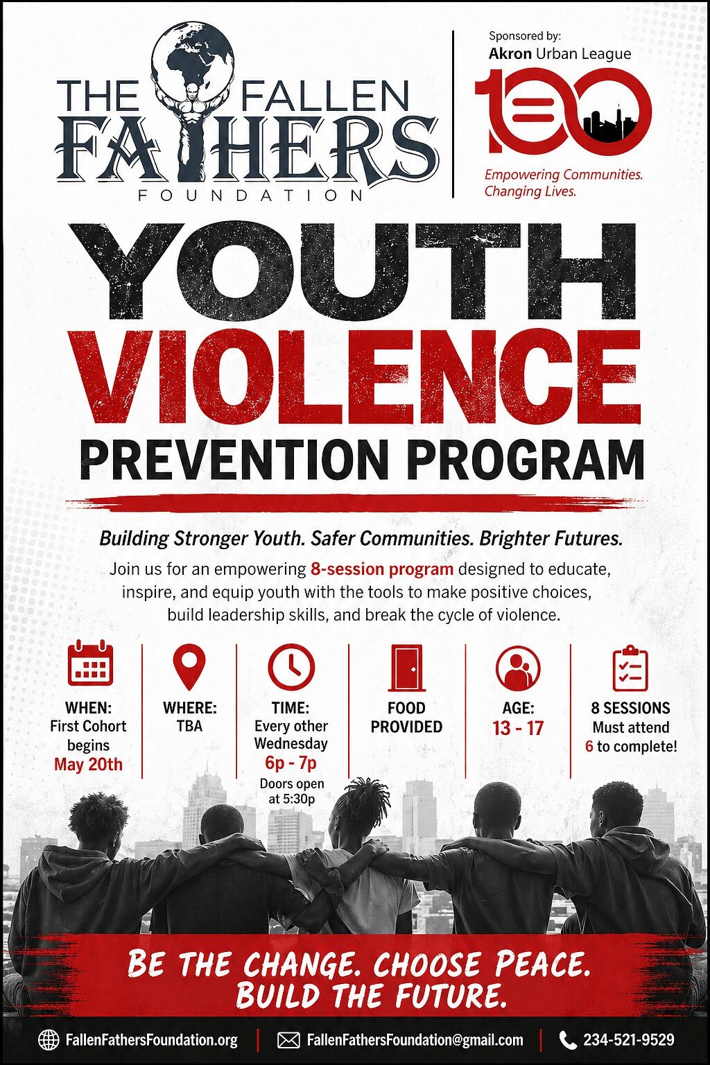 Poster for youth violence prevention program with text, logos, and a group of people sitting outdoors, facing away from the camera.