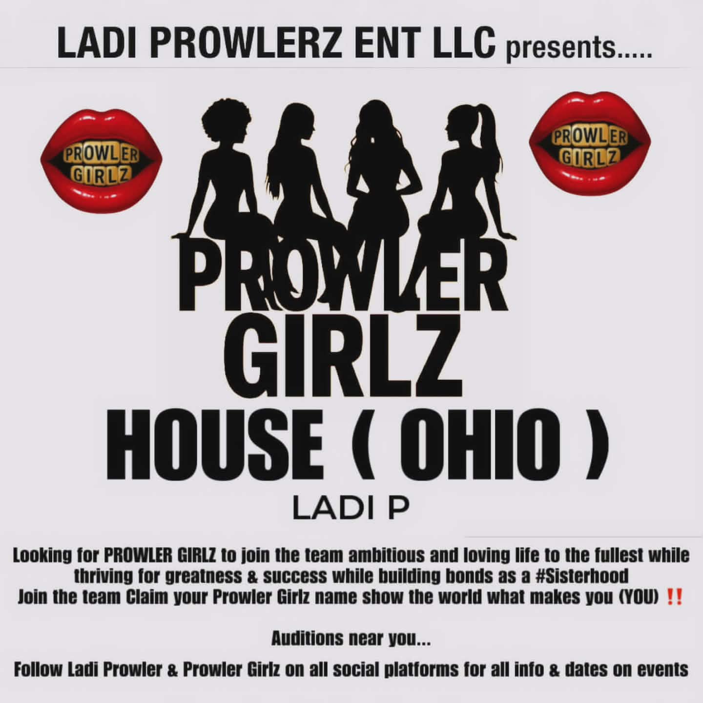 Silhouettes of four women with text about Prowler Girlz House Ohio event, two heart icons with Prowler Girlz logo, and event details.