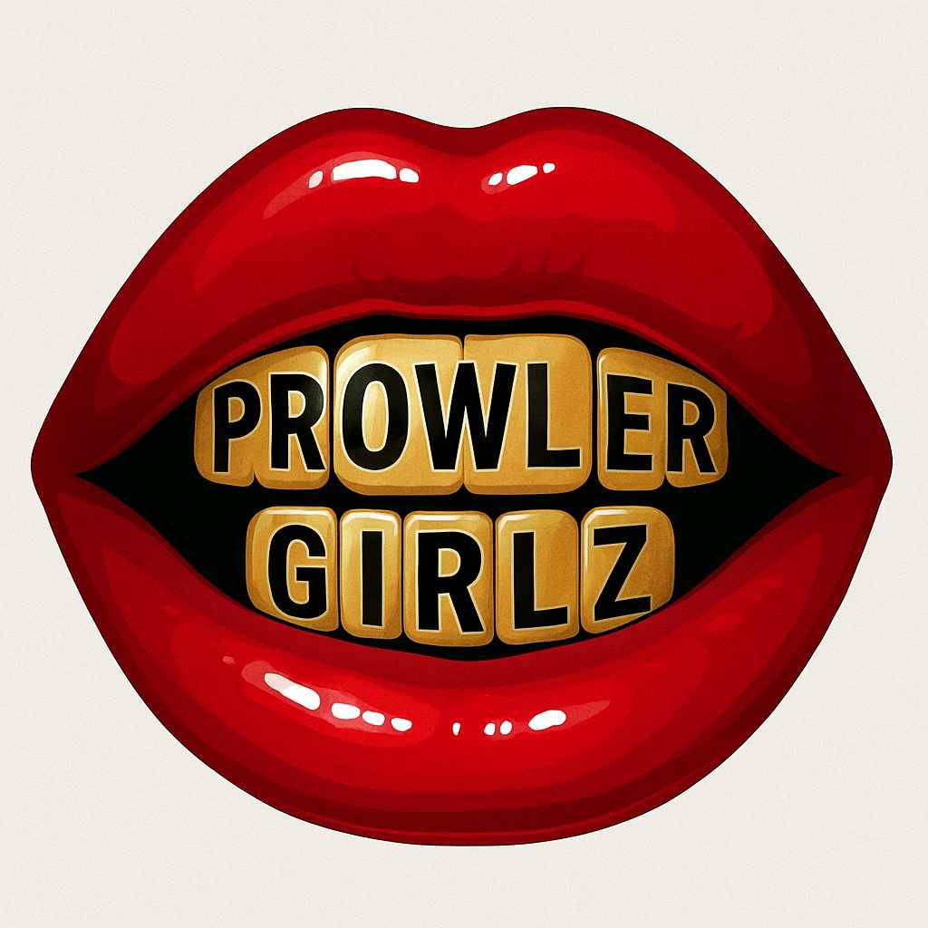 Bright red lips with gold and black text reading 'PROWLER GIRLZ' inside the mouth.