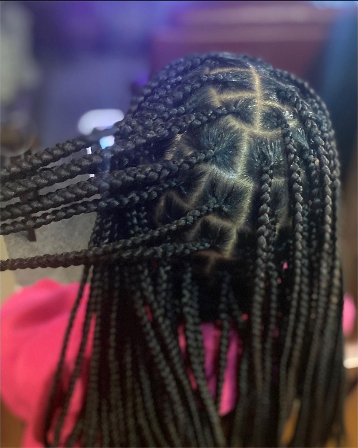 Person with braided hairstyle, showing intricate cornrows and long braids, wearing a pink top, indoors.