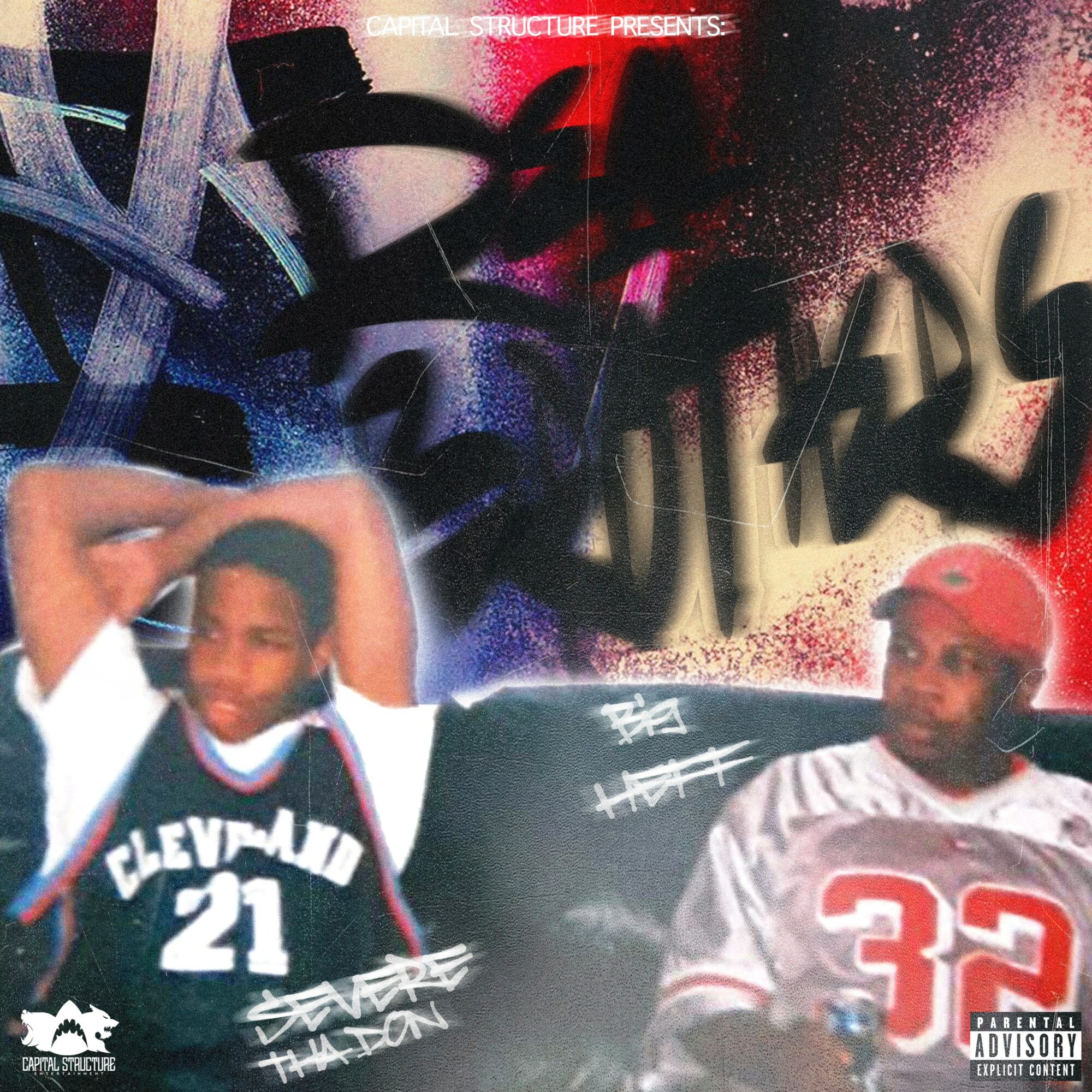 Two young men sit on a couch with graffiti-style background, one in a Cleveland jersey, the other in a red cap and jersey.