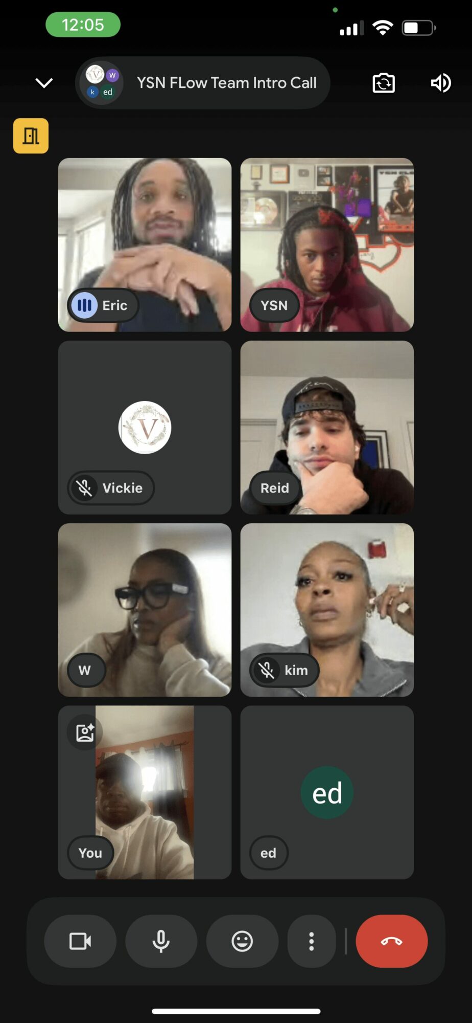 Six people in a video call, some with cameras on, others with initials or icons, in a grid layout.
