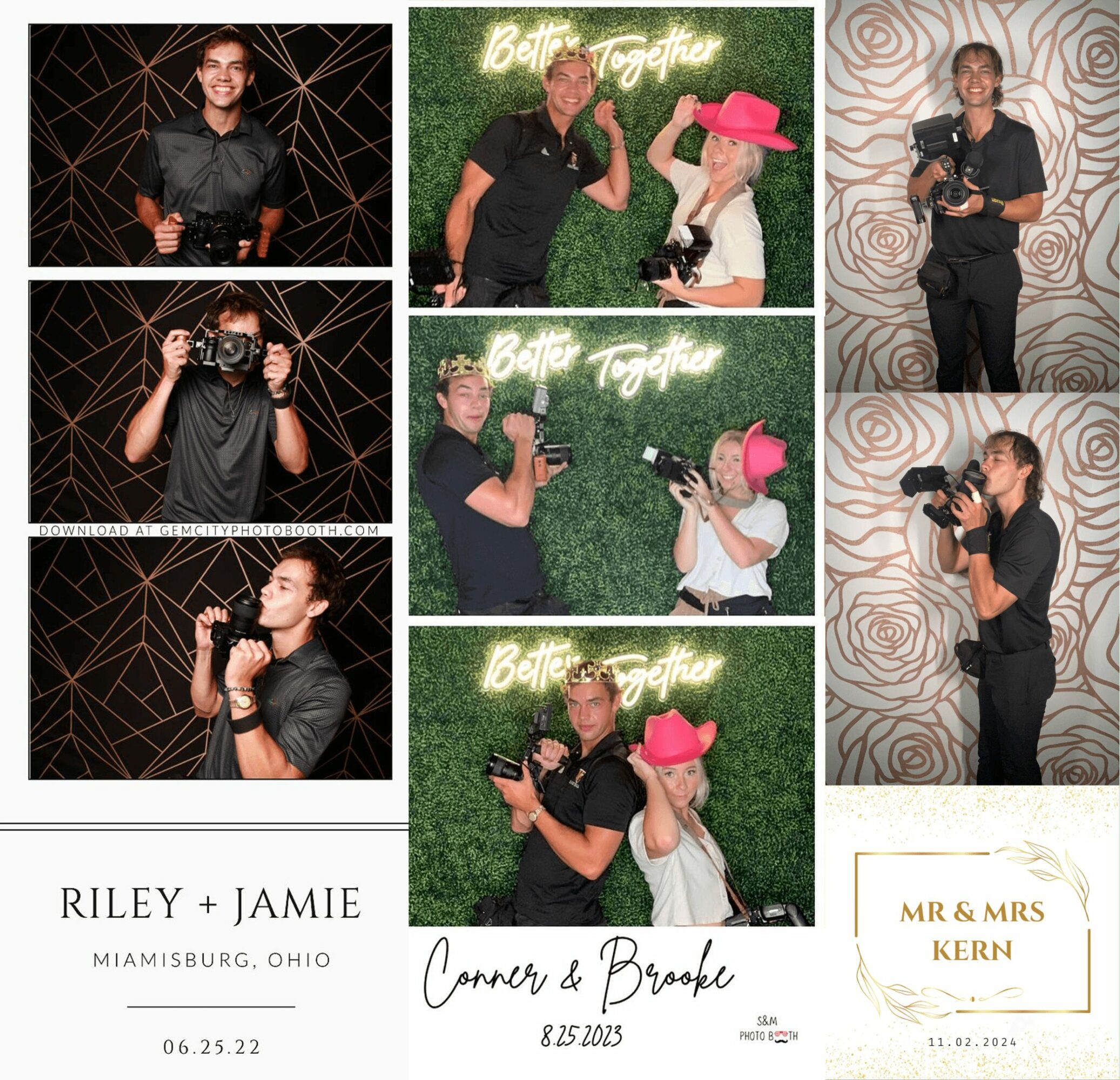 Group of people taking photos and posing at an event with decorative backgrounds, some wearing hats, smiling, and holding cameras.