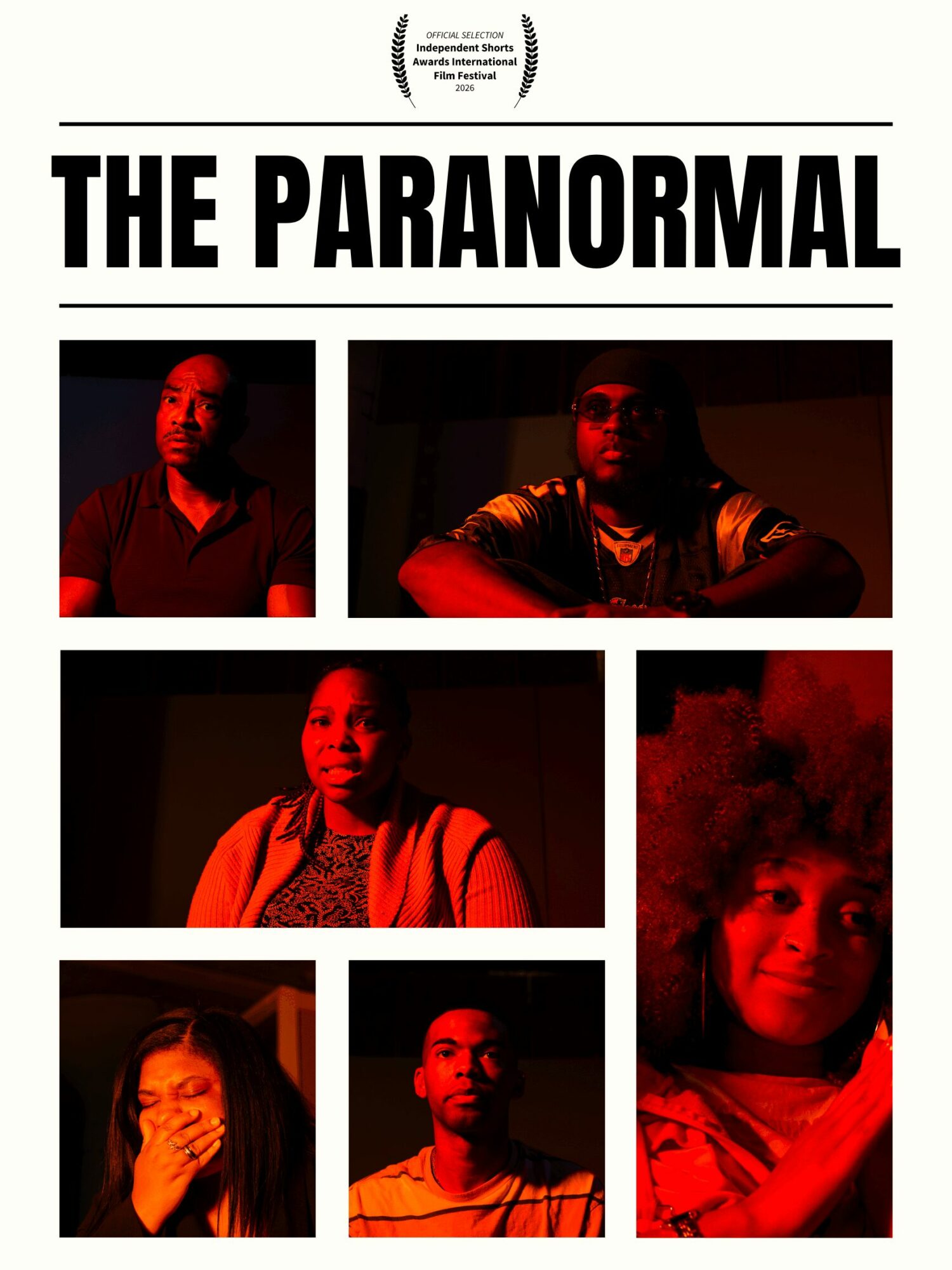 Poster titled 'The Paranormal' with six photos of people, some with red lighting, and a smoky background, arranged in a grid.