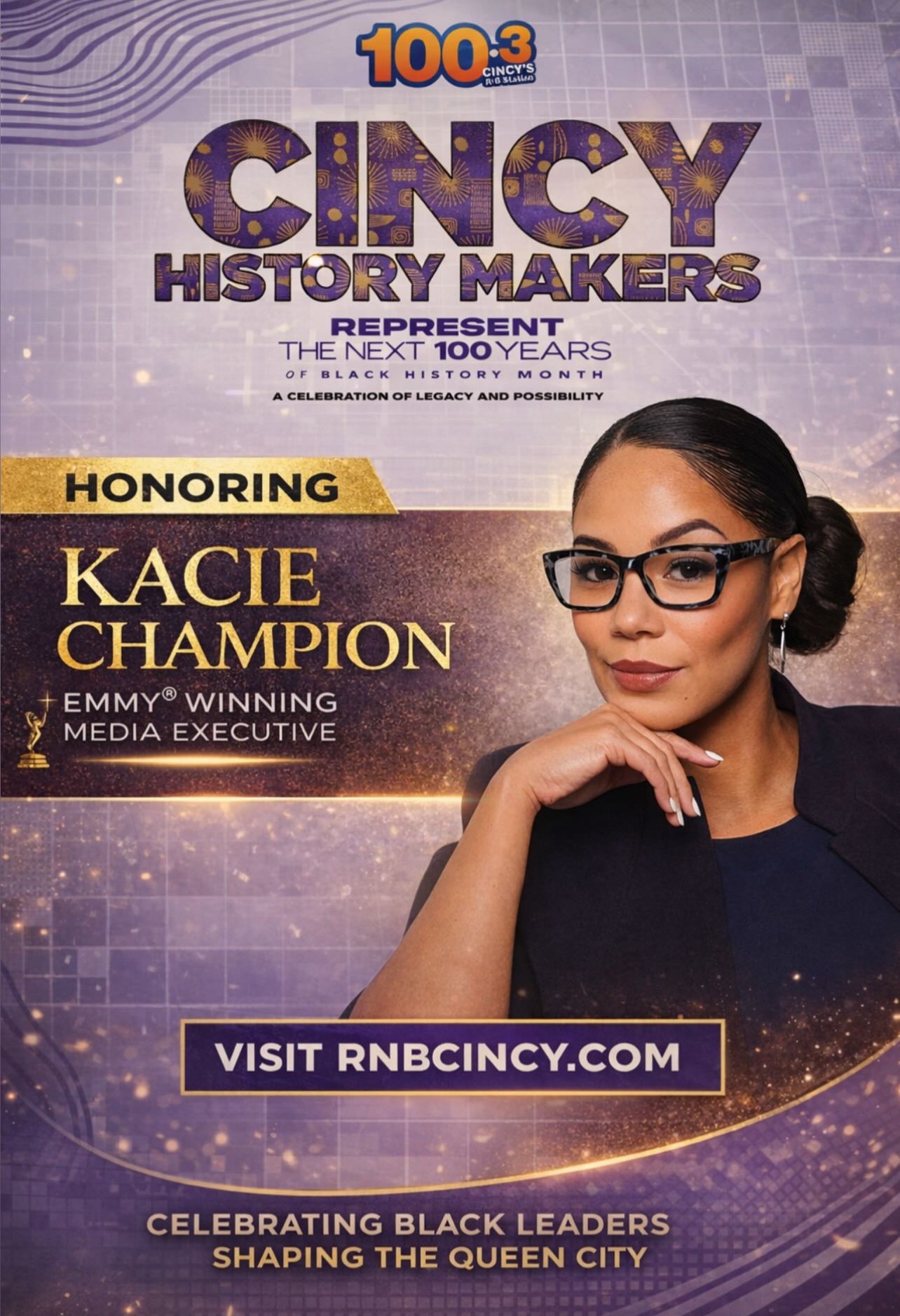 Young woman with glasses and a dark top, posing with her hand near her chin, celebrating Black leaders in Cincinnati.