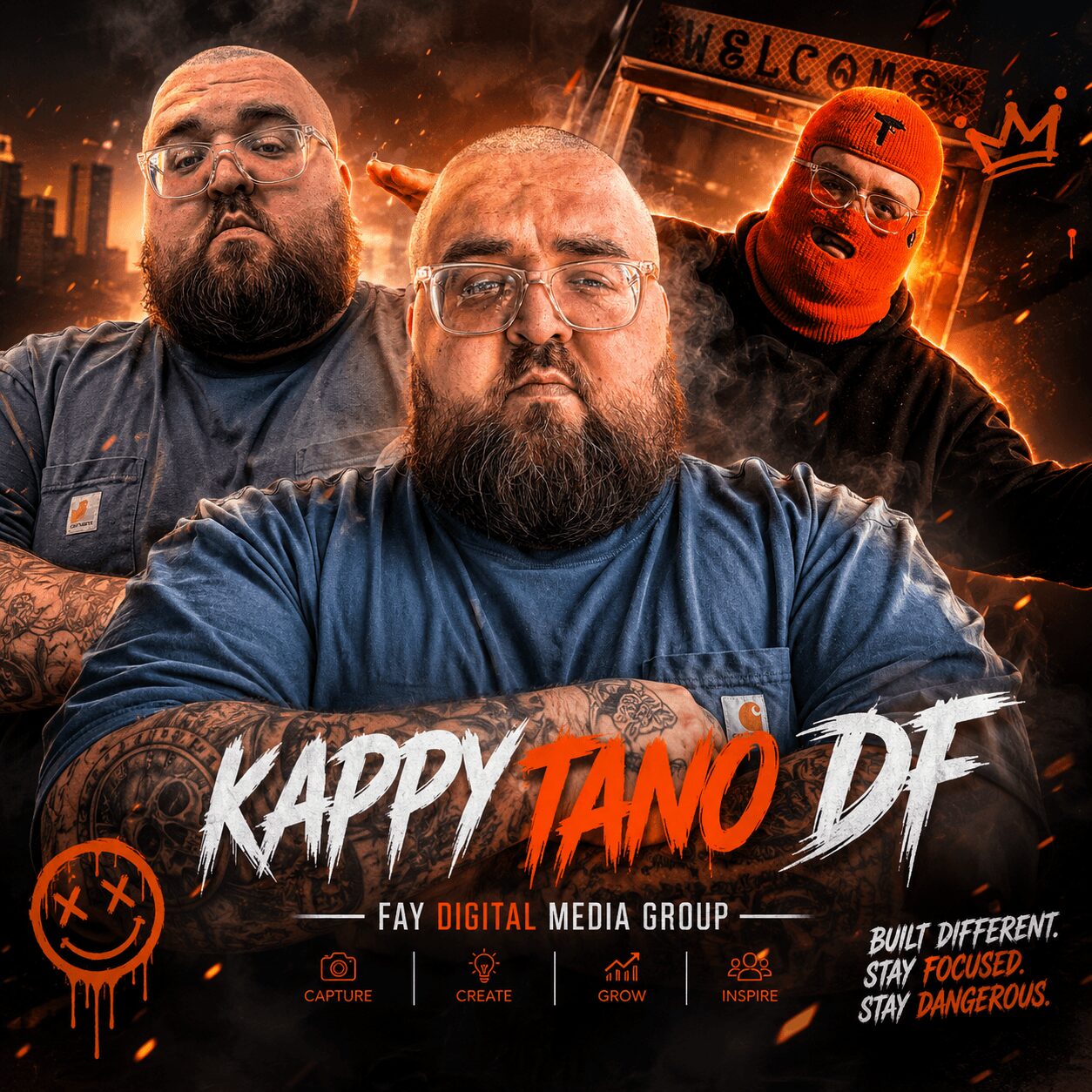 Three men with serious expressions in front of a cityscape background, with text 'KAPPY TANO DF' and various icons.
