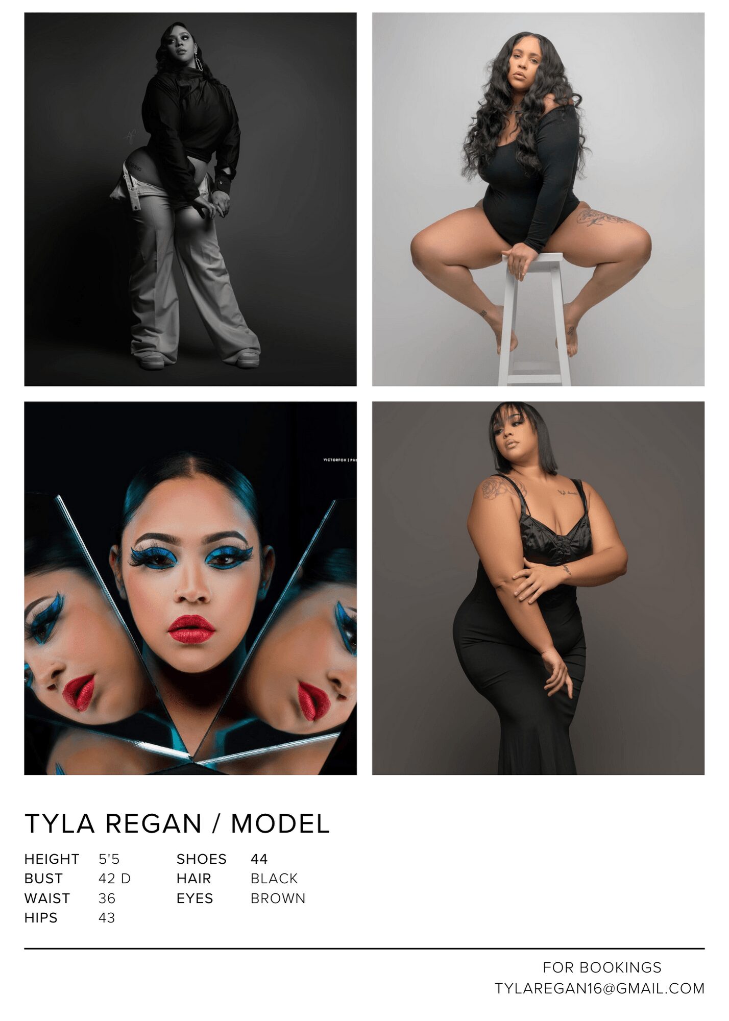 Four images of a woman in different poses, with a booking card showing her measurements and contact email.