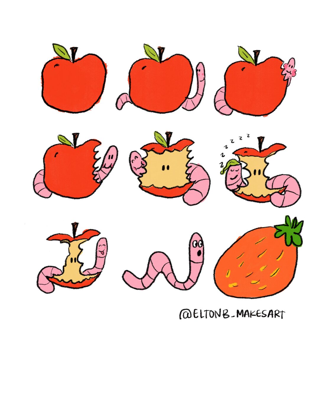 Sequence of cartoon apples with worm characters, showing different stages of eating and a strawberry, all upright.