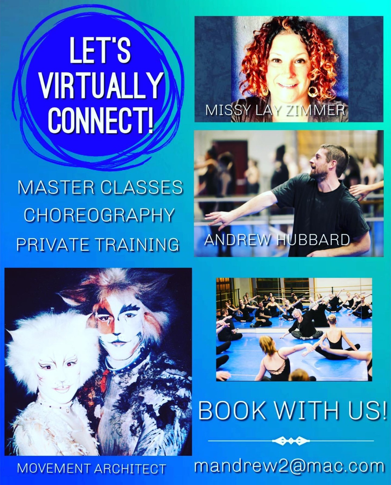 Promotional flyer for dance classes and events, featuring a woman with curly hair, a man leading a class, and a group practicing dance moves.