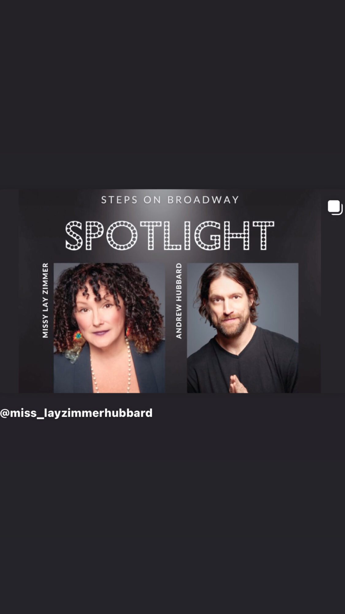 Promotional poster for Broadway show 'Spotlight' featuring two actors, a woman with curly hair and a man with glasses, with social media handle.