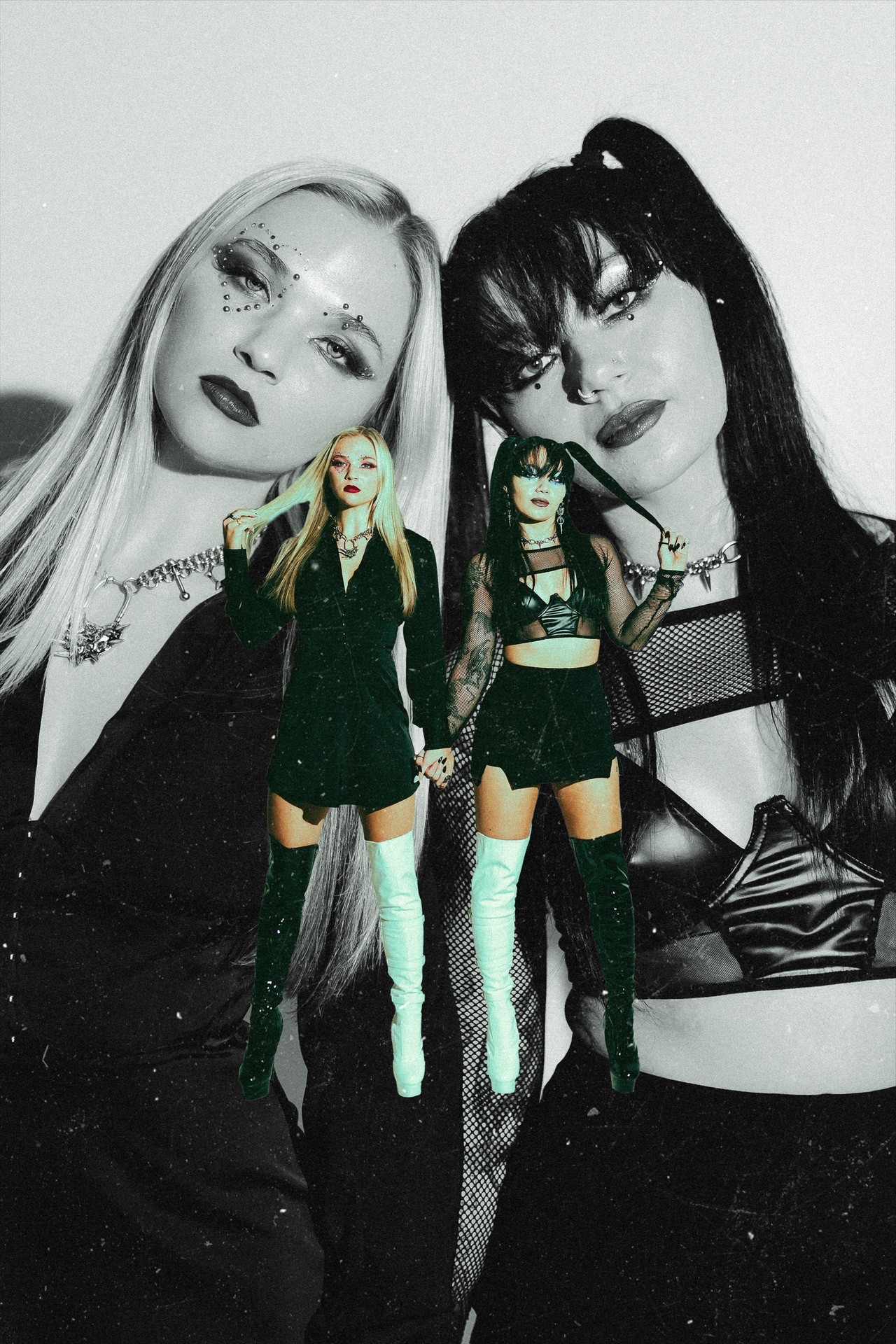 Two women with dark hair and makeup, one with long blonde hair, in black outfits, standing side by side.