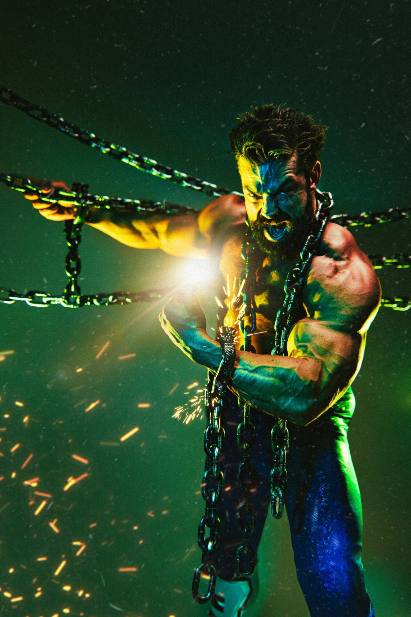 A muscular man with chains wrapped around his body, illuminated by green and yellow lighting, against a starry background.