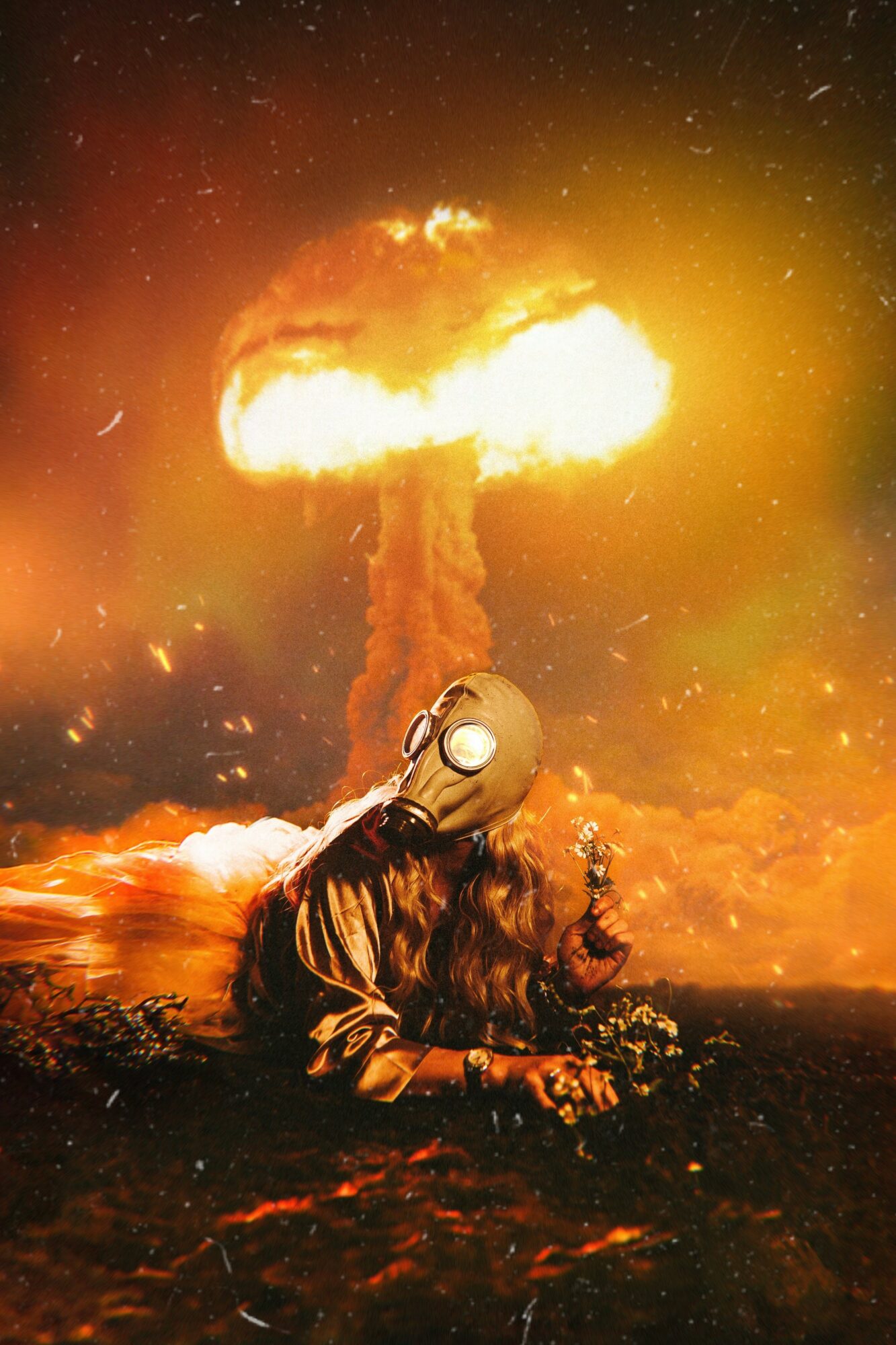 Person with a gas mask kneels in water as a nuclear explosion occurs in the background.