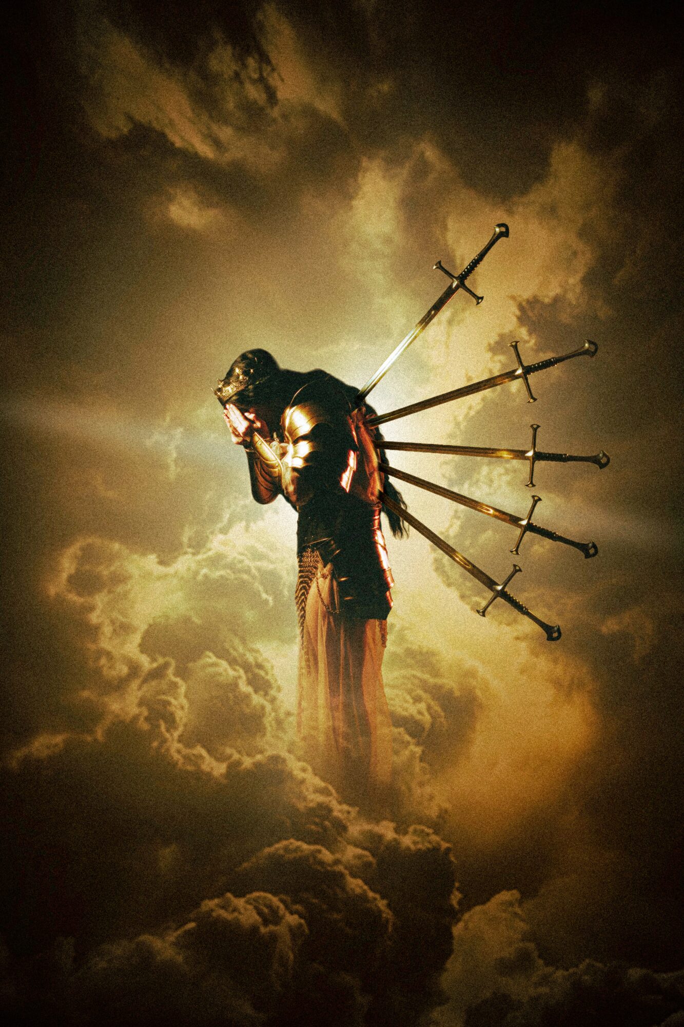 A woman with multiple swords stabbed into her back stands among clouds with a dramatic sky background.