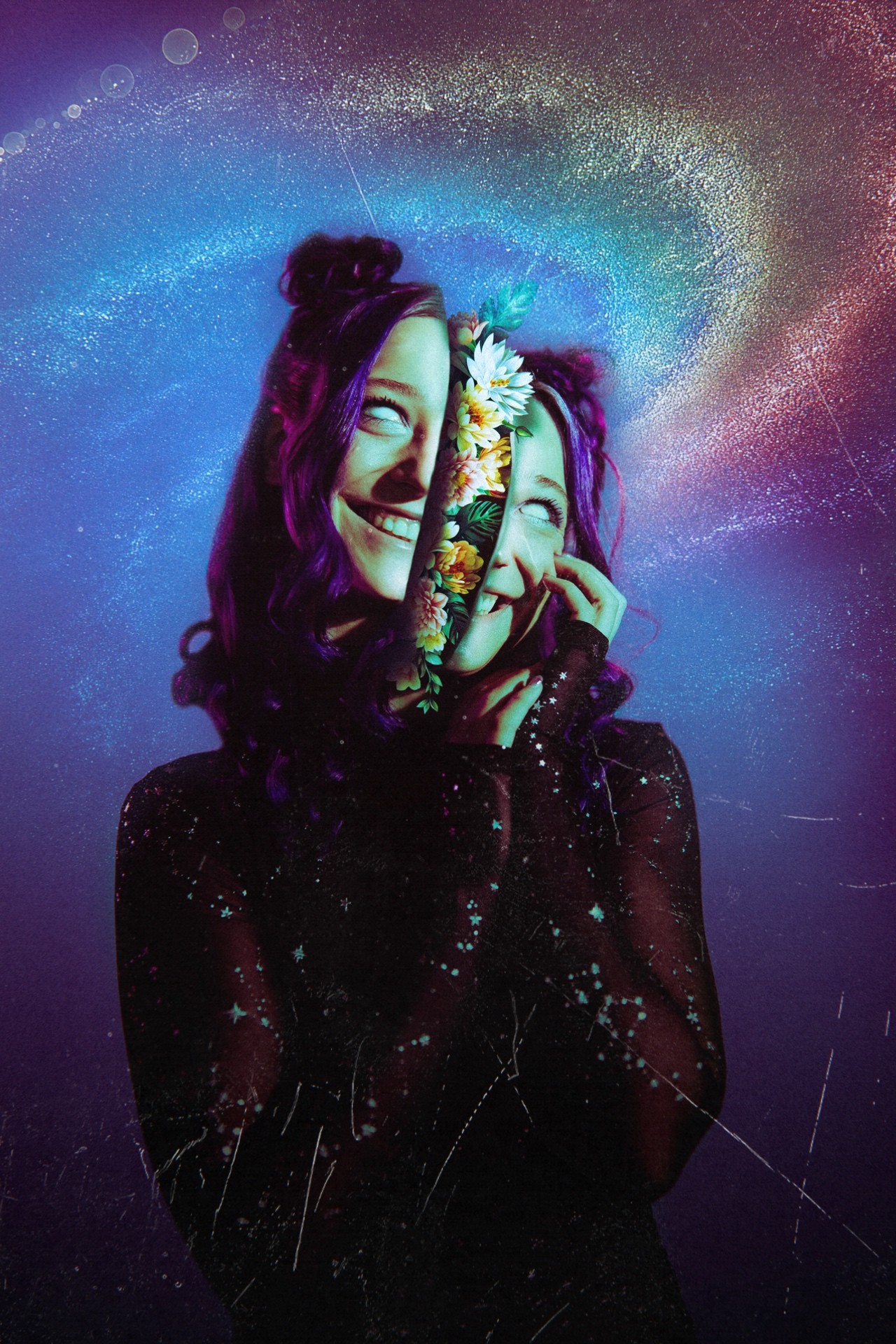 Person with purple hair holding a phone with flowers, against a colorful cosmic background.