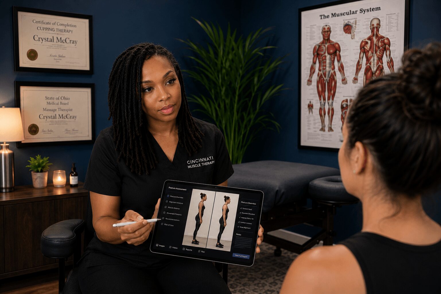 Two women in a medical consultation room, one holding a tablet showing a human body diagram, with anatomical posters and plants in the background.
