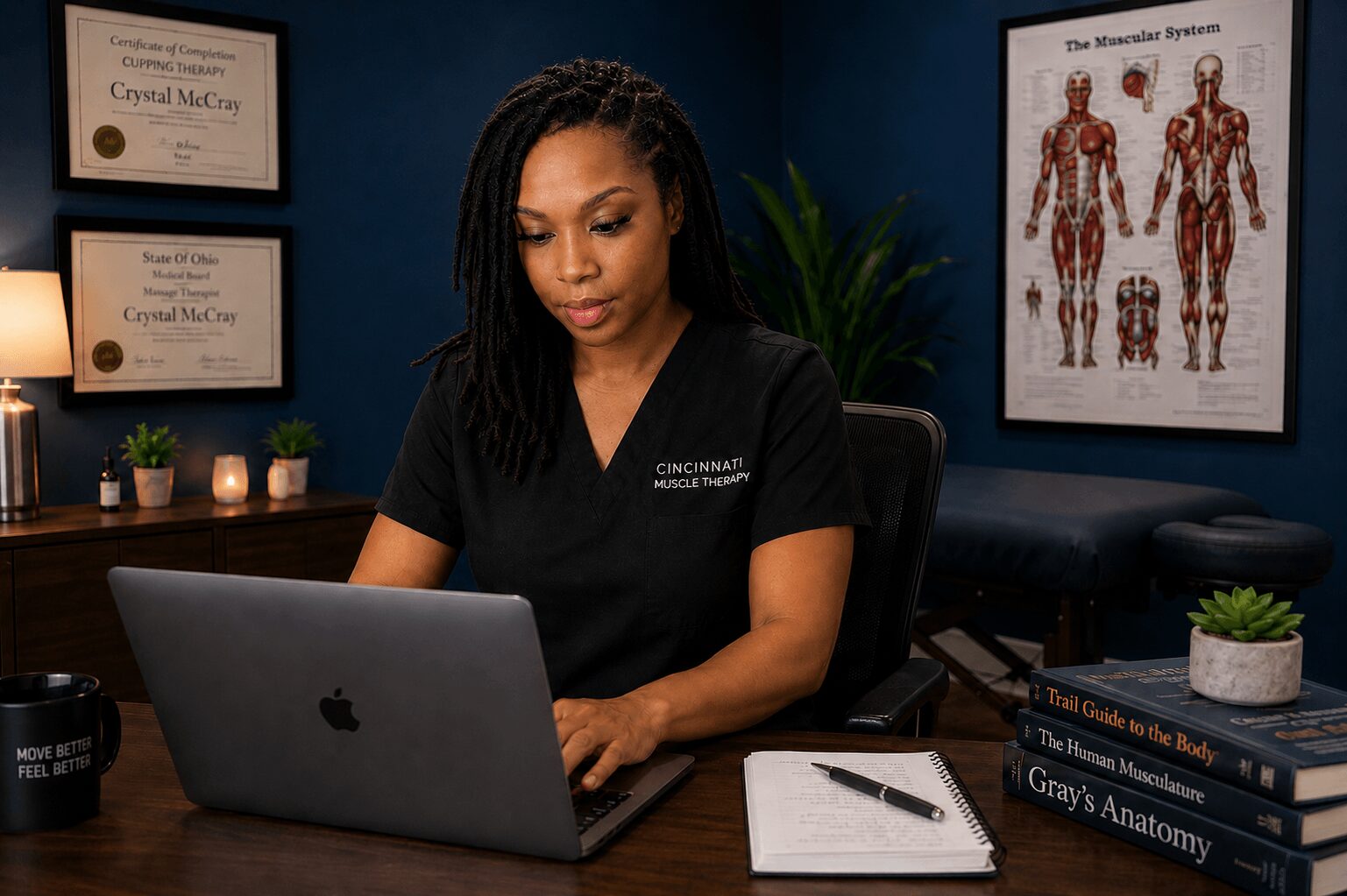 Woman with braided hair working on a laptop at a desk with medical posters and books, dark blue wall background.