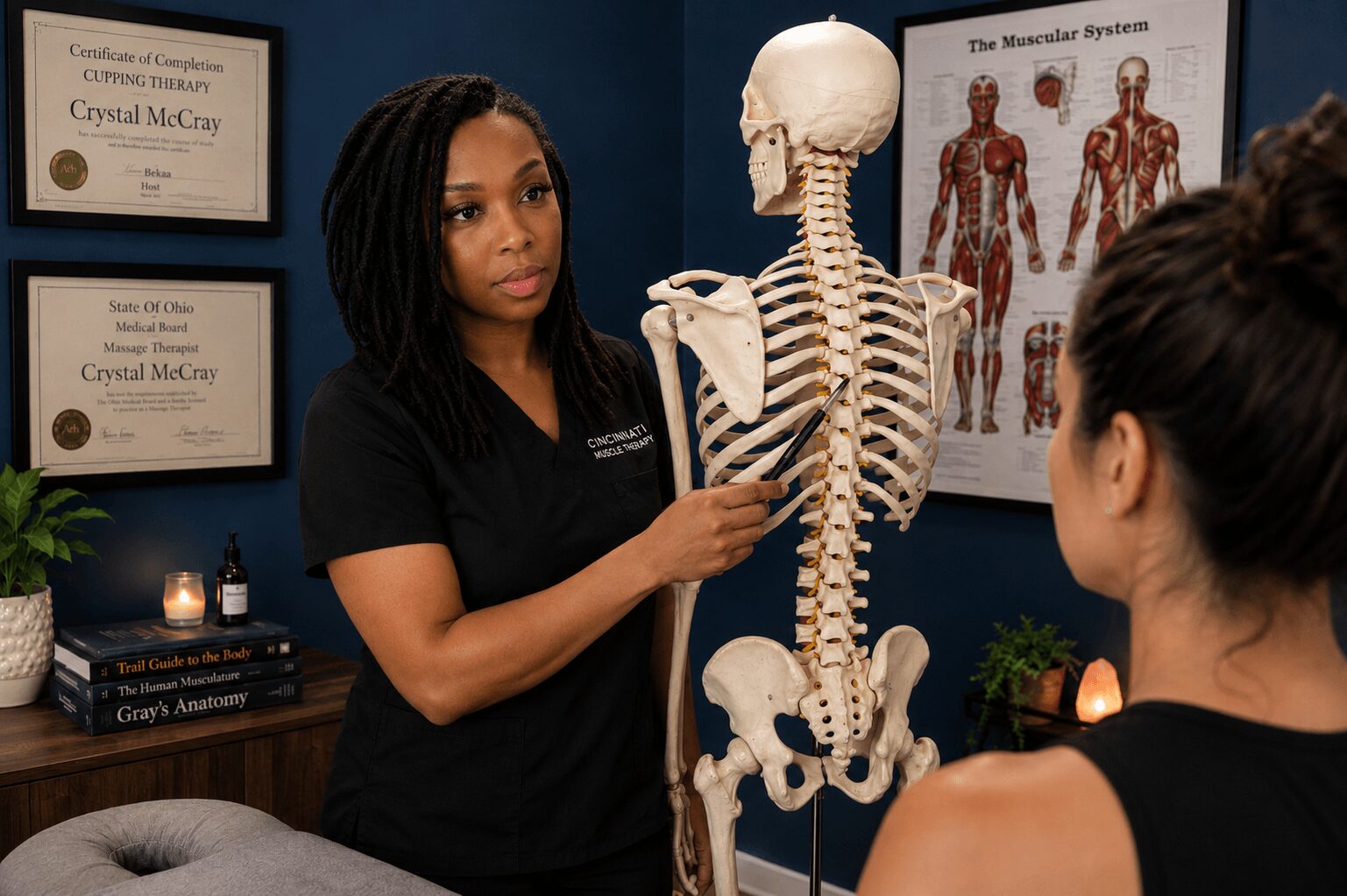 A woman with long braided hair explains a human skeleton model to another woman in a classroom setting.
