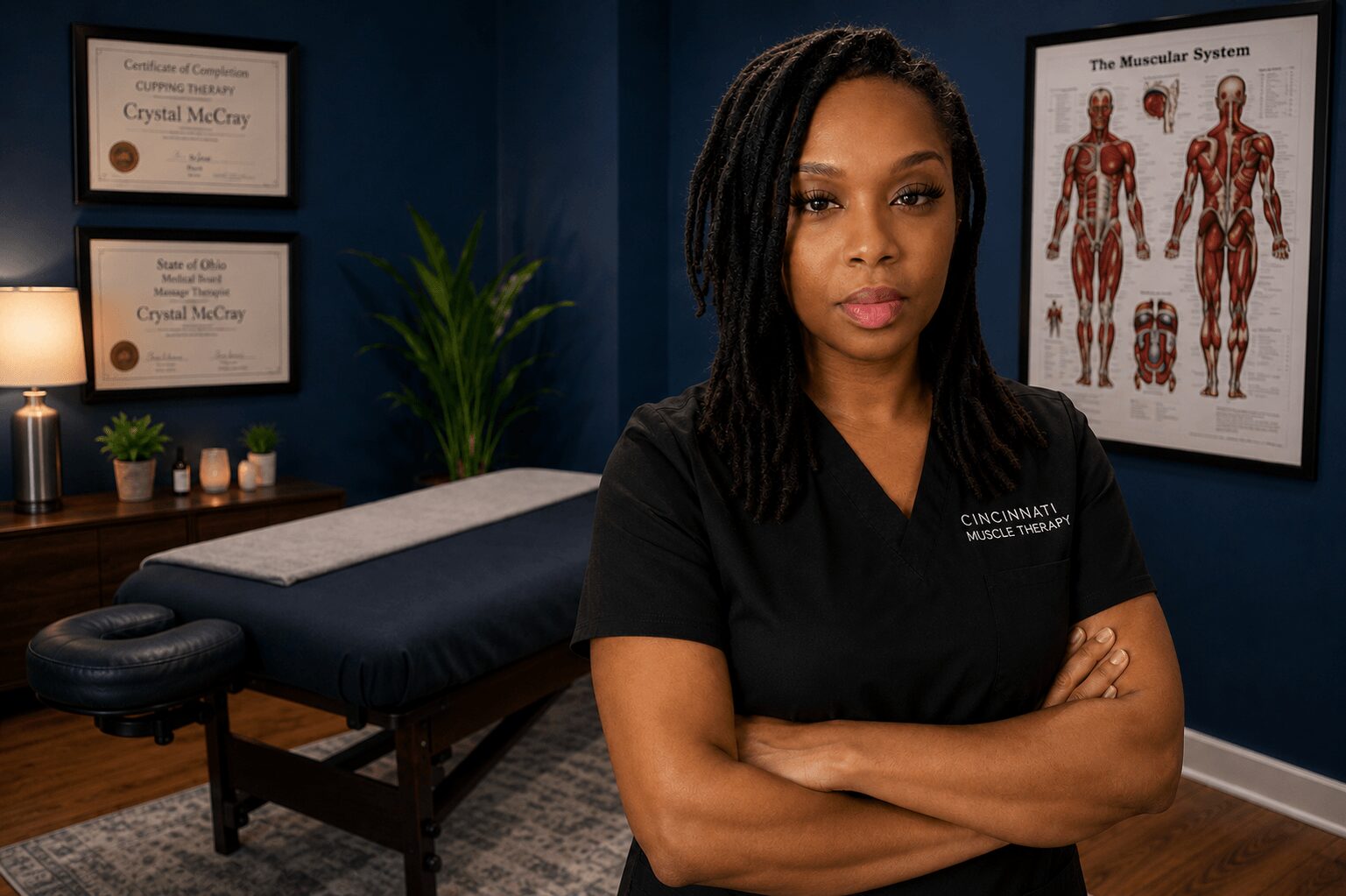 A woman in a black medical uniform stands with arms crossed in a treatment room with a massage table and medical posters.