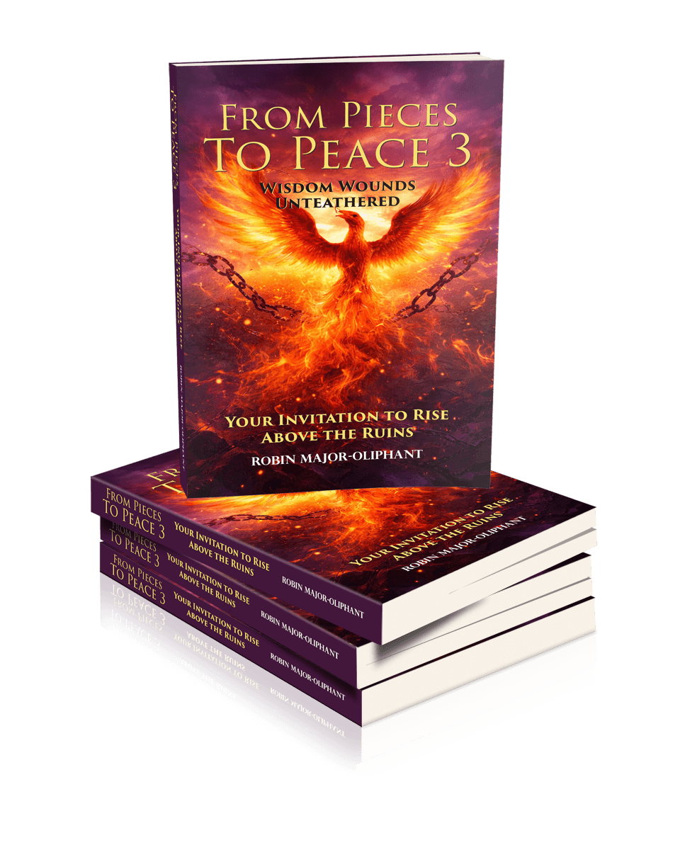 Stack of four books titled 'From Pieces to Peace 3' with fiery angel illustration on cover, set against black background.
