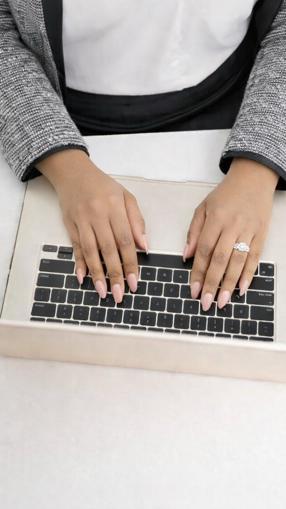 Person typing on a laptop with hands on keyboard, wearing a ring and gray sweater, viewed from above.