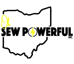 Outline of Ohio with text 'SEW POWERFUL INC.' and a lightning bolt symbol, partially obscured by yellow scribbles.