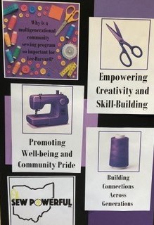 Four posters with text and images about creativity, community, and sewing, arranged on a purple background.