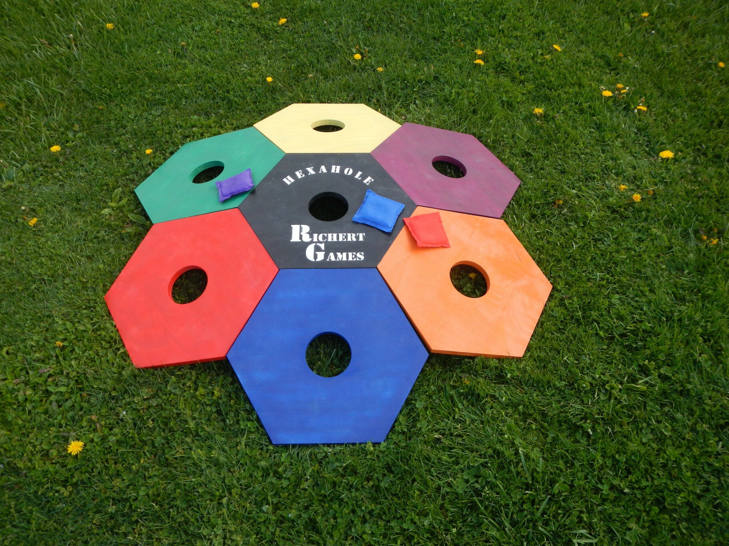 Colorful hexagonal game pieces arranged in a circle on grass with small yellow flowers, with text in the center.