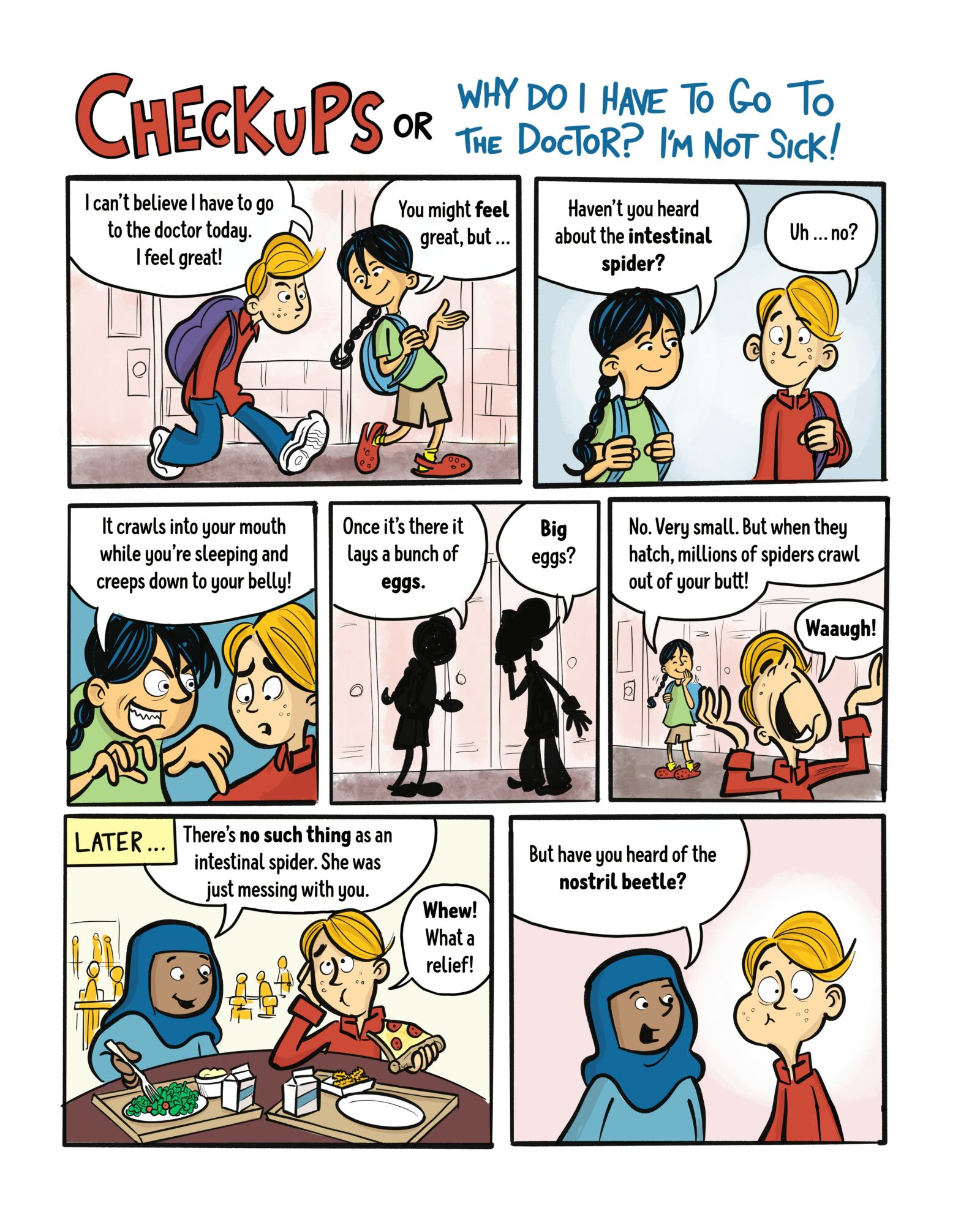 Comic strip with children discussing a spider, eggs, and a beetle, with humorous dialogue and a girl in a blue hijab.