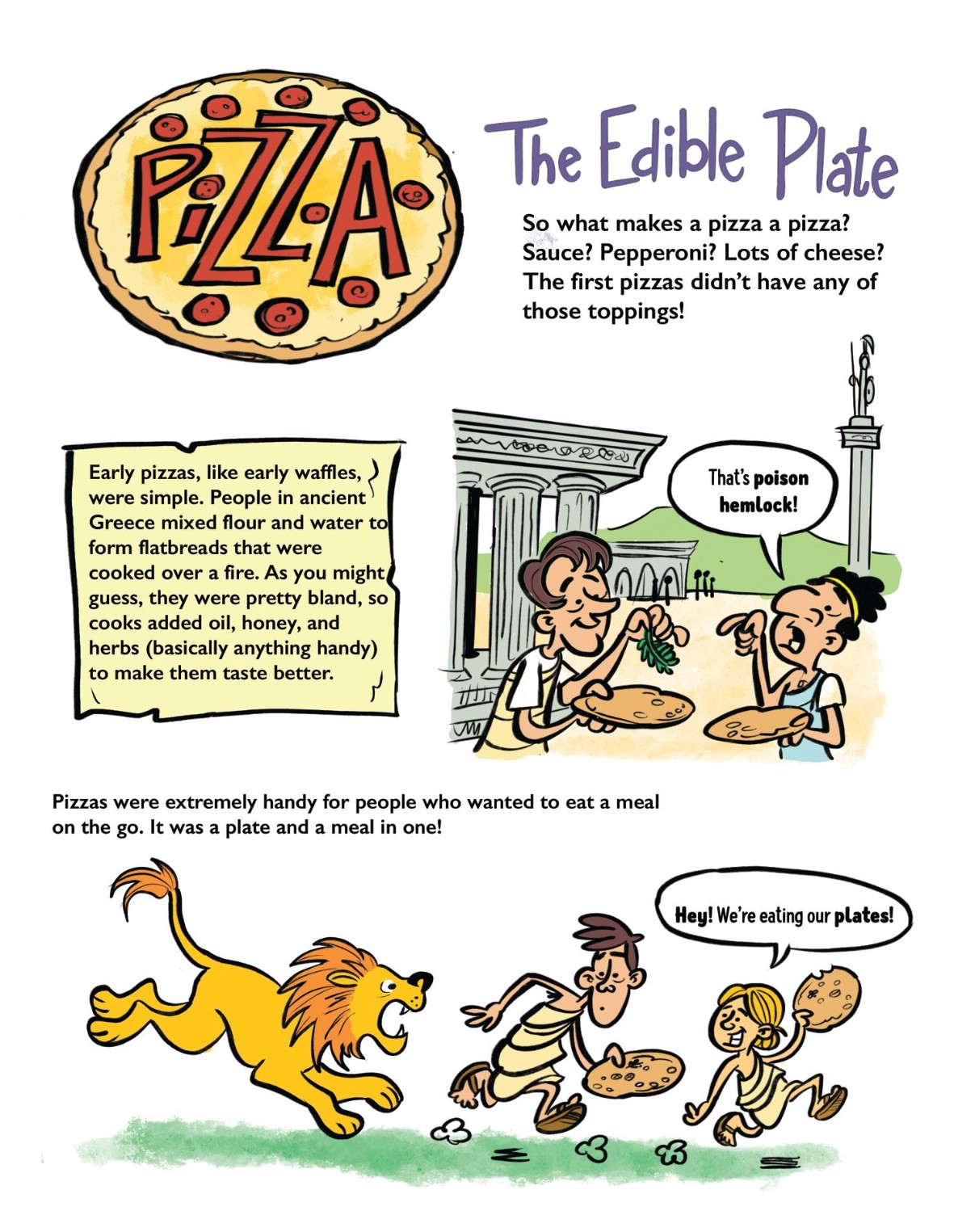 Children and a dog running towards a table with pizza, with speech bubbles about poison and eating plates, in a cartoon style.