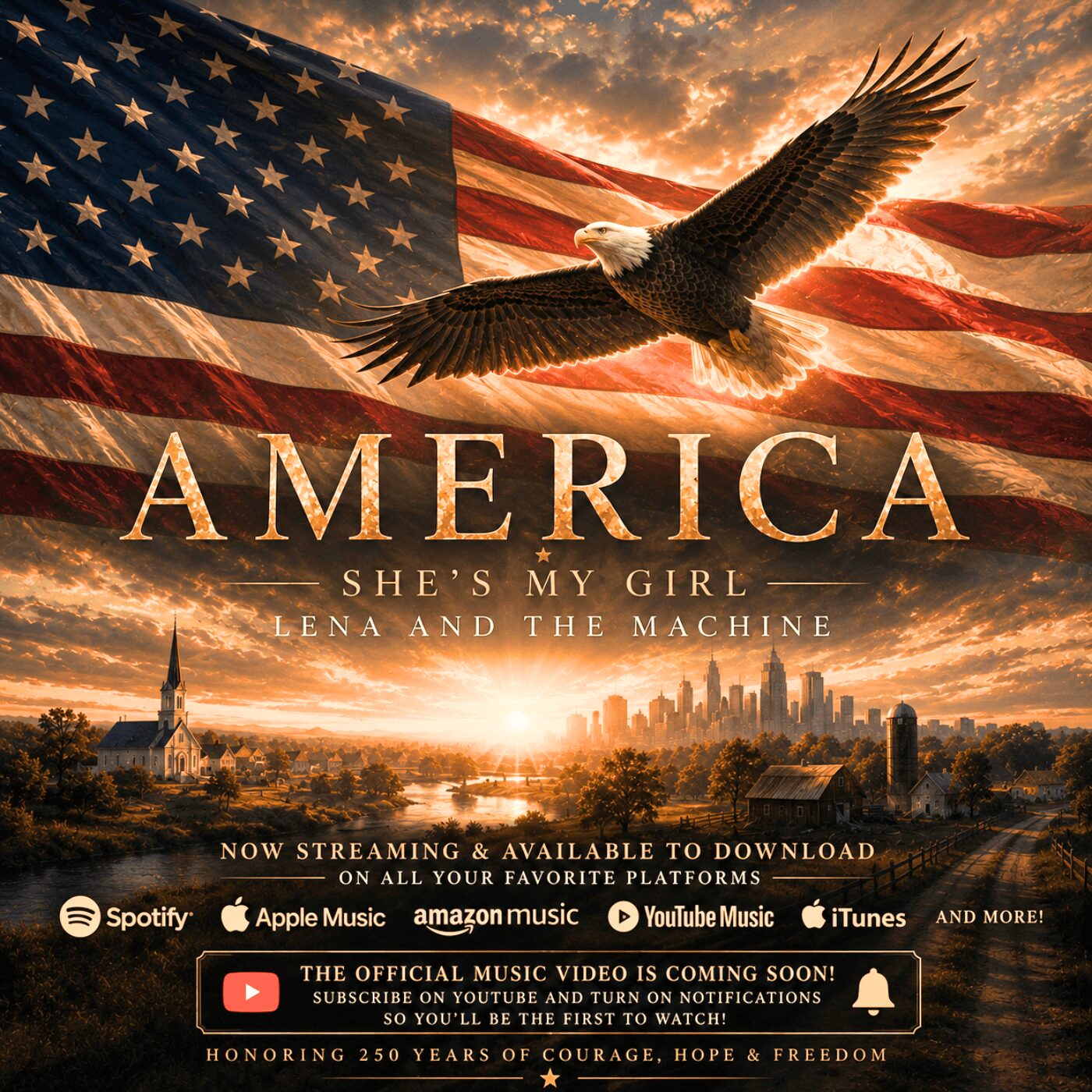 Eagle flying in front of an American flag with a city skyline and sunset in the background, promoting a video release.