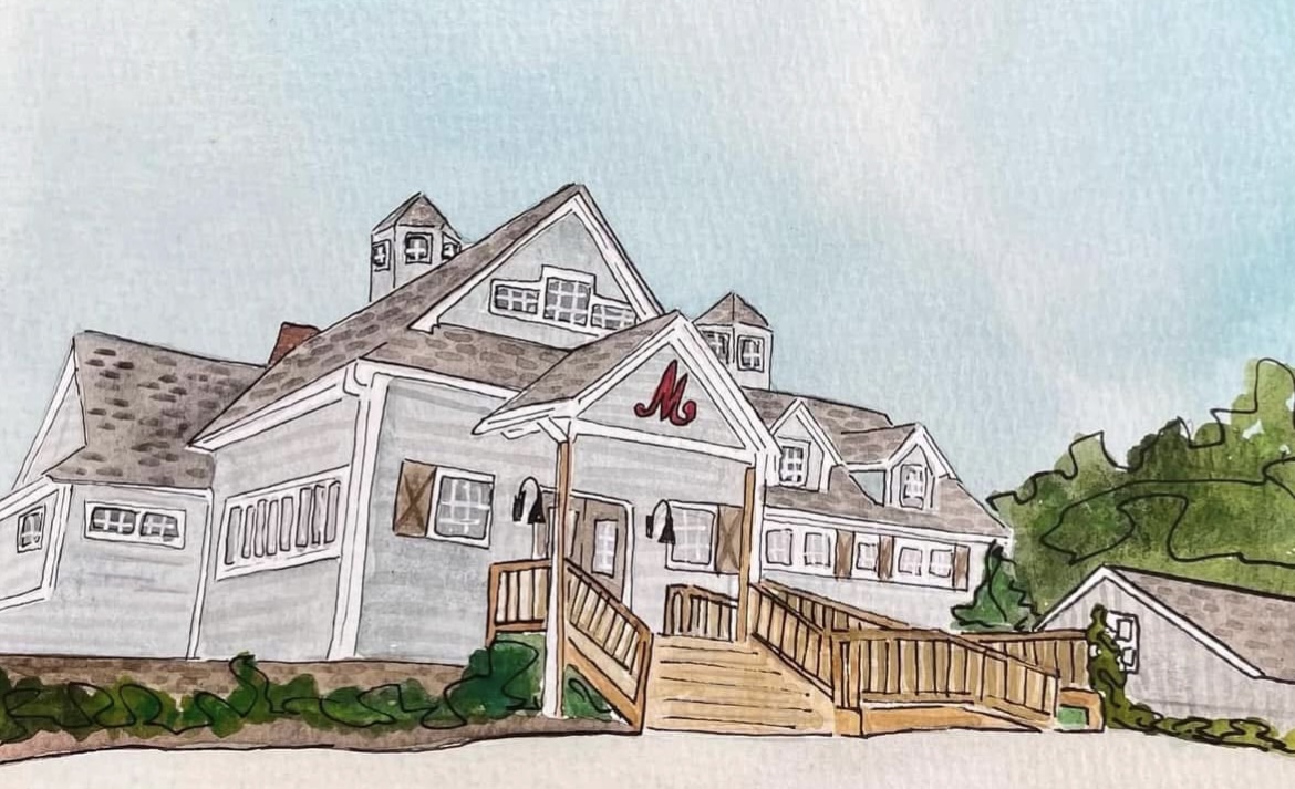Watercolor illustration of a large, multi-story house with a staircase and greenery in front.
