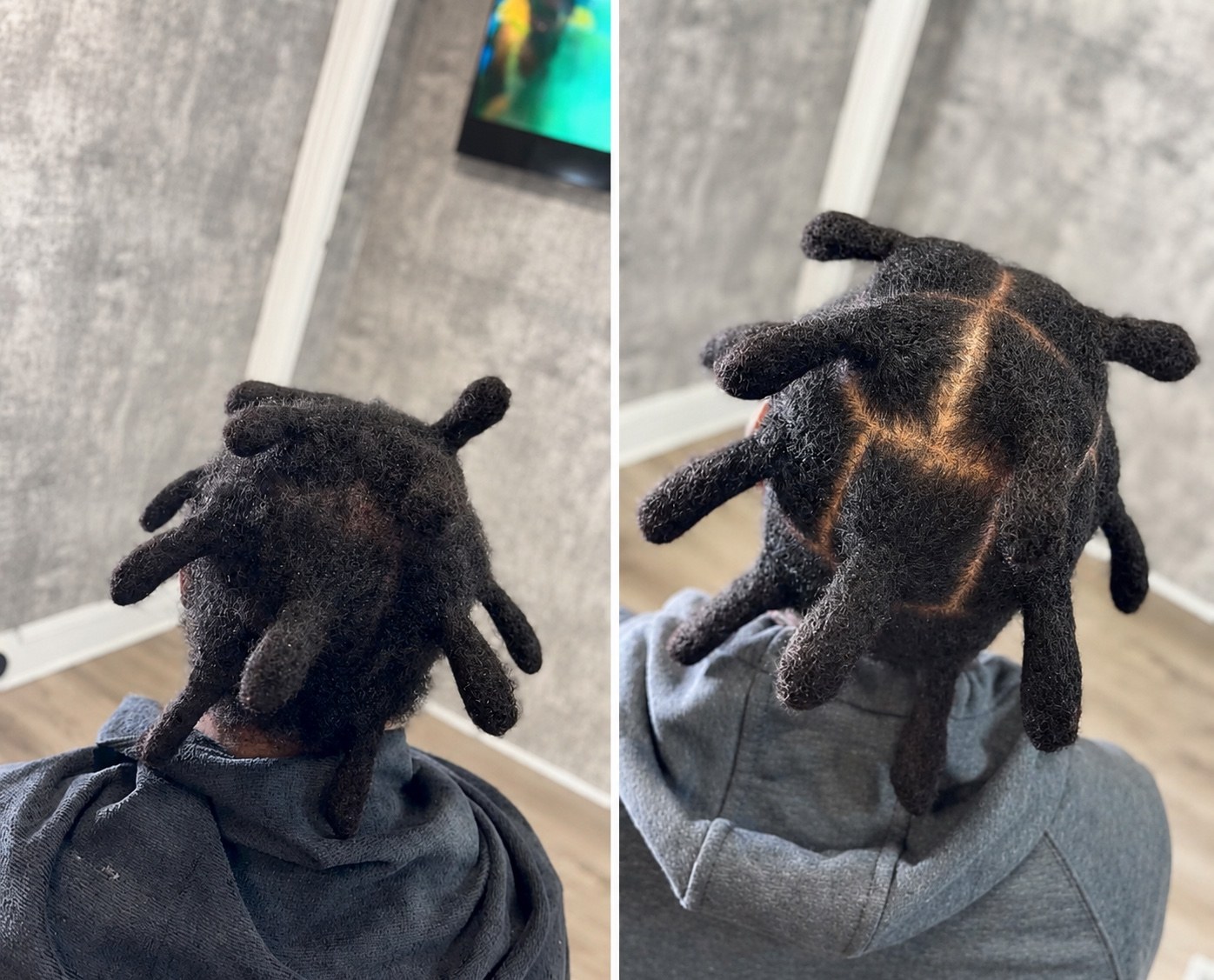 Back of a person's head with styled dreadlocks, viewed from behind, indoors with a gray wall and TV screen in background.