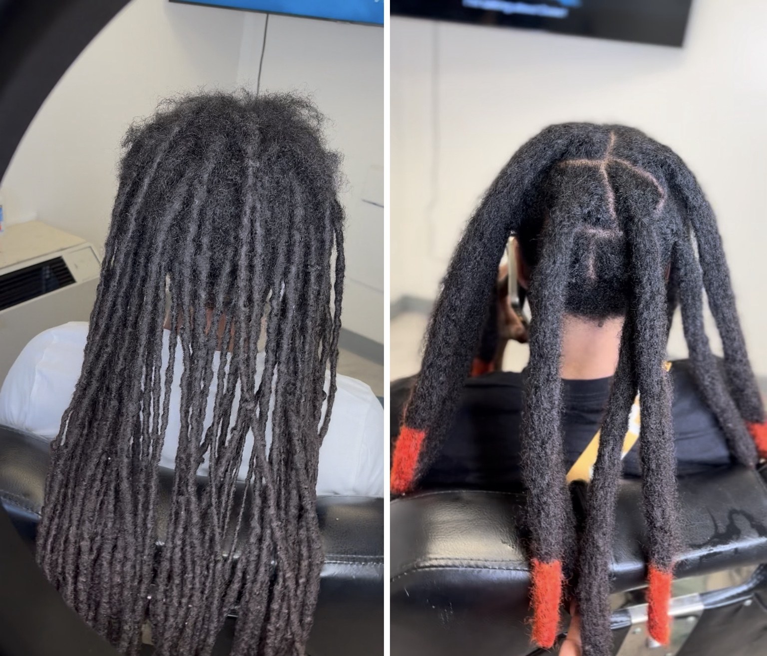 Two images of people with dreadlocks, one with long, thin dreadlocks and the other with thicker, styled dreadlocks, viewed from behind.