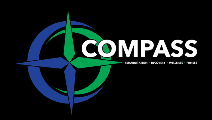 Logo with a compass design and the word COMPASS, including words rehabilitation, recovery, wellness, and fitness.