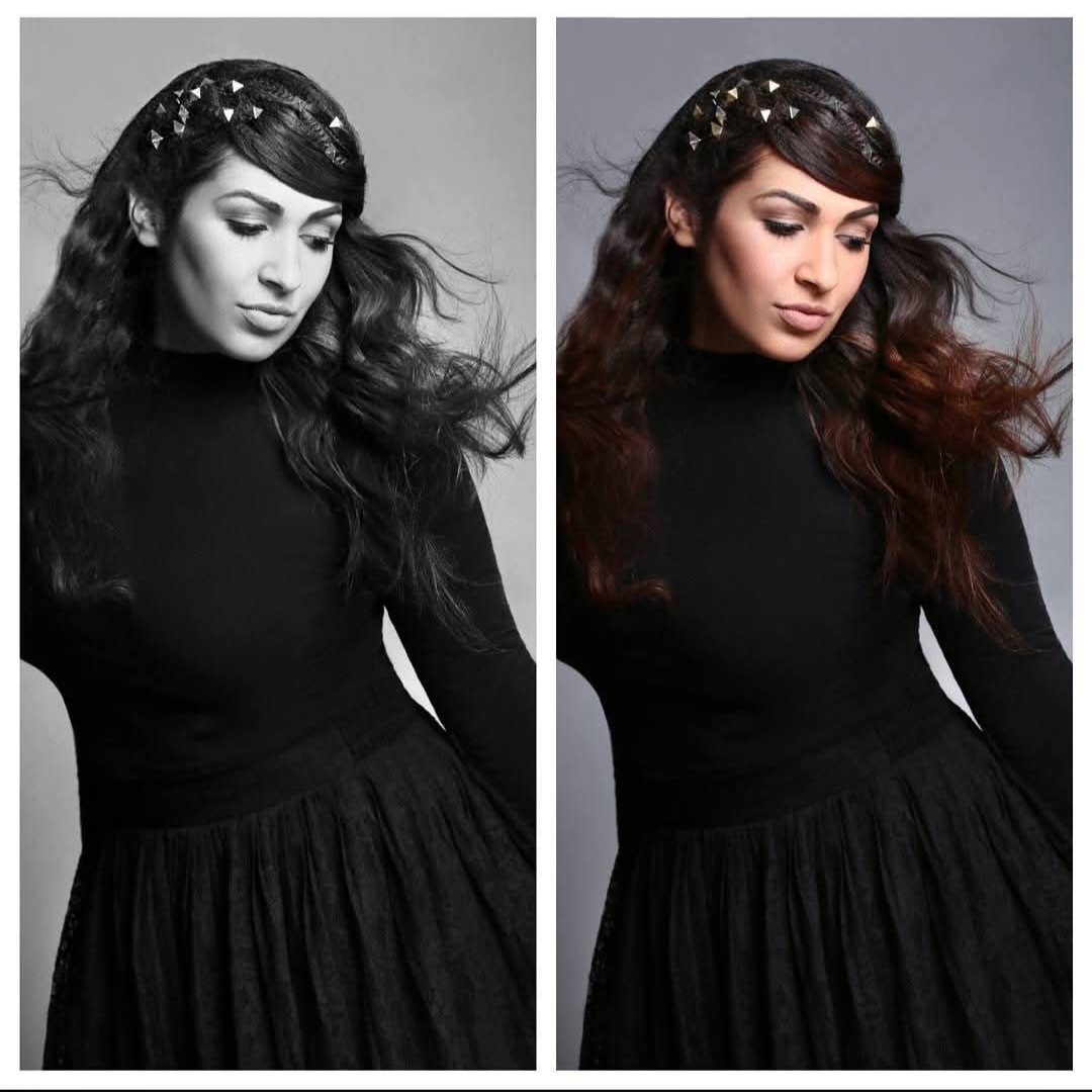 Side-by-side images of a woman with long wavy hair, wearing a black top and skirt, with floral hair accessories.