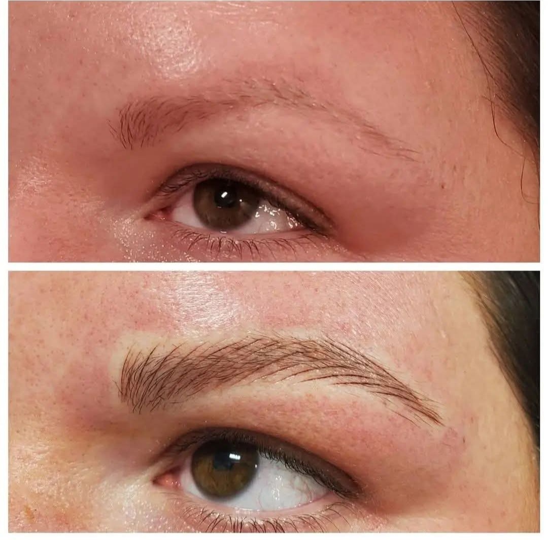 Close-up of a person's eye before and after eyebrow grooming, showing improved eyebrow shape and neatness.