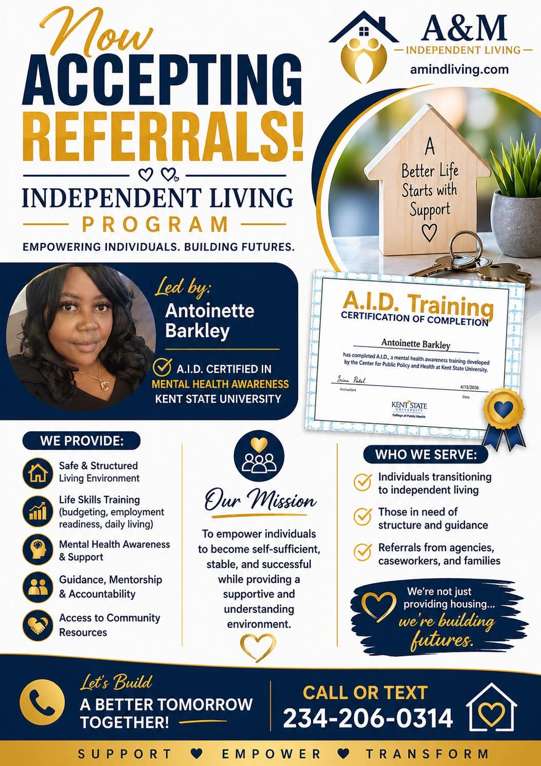 Flyer promoting accepting referrals for independent living program, featuring a woman, program details, contact info, and mission statement.