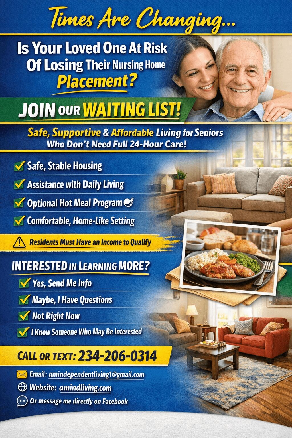 Advertisement for senior living placement with smiling elderly woman and younger woman, listing benefits and contact info.