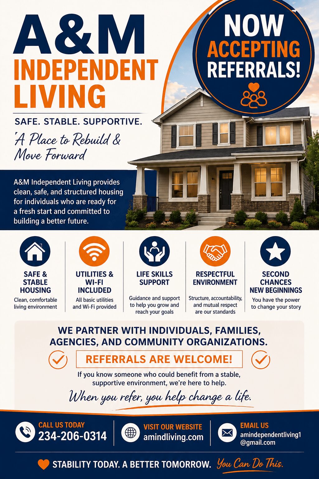 A promotional flyer for A&M Independent Living featuring text about accepting referrals, housing support, and contact information.
